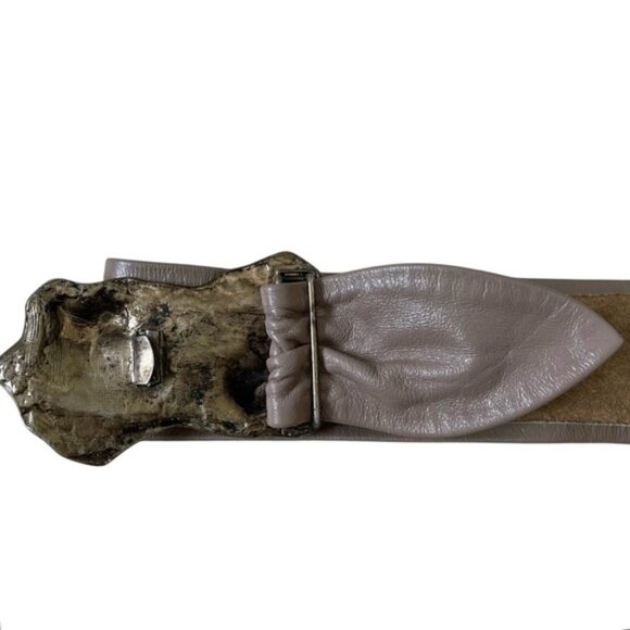 Vintage Leather Belt Metal Brutalist Buckle Tan Taupe One Size main image 6